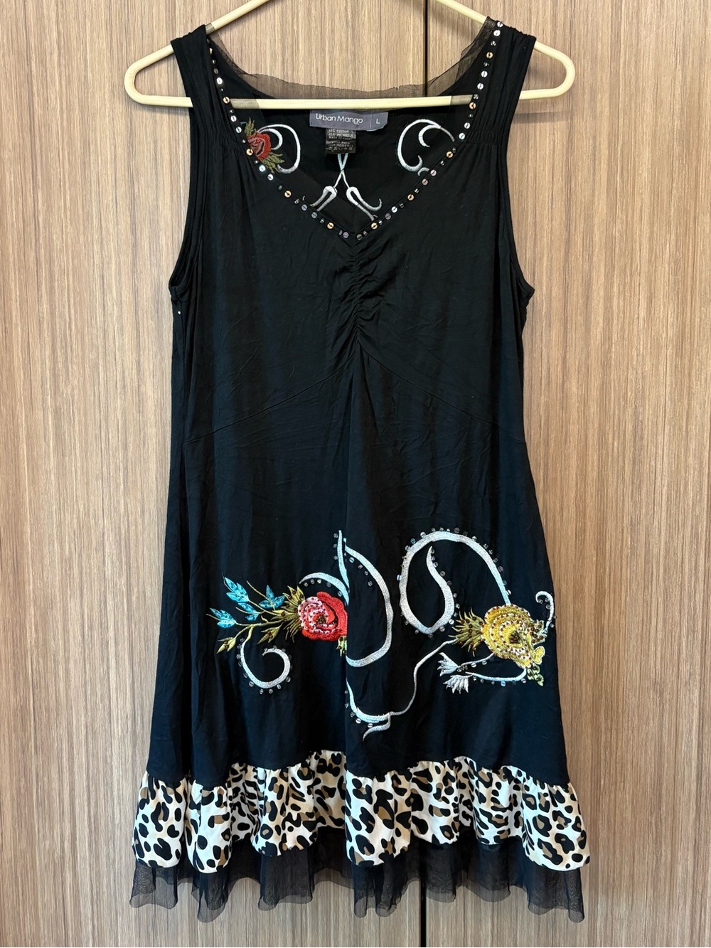 Urban Mango Black Sleeveless Embroidered Floral Tunic with Leopard Trim